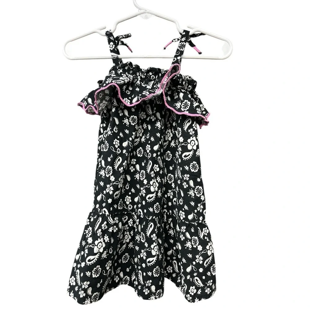 Vintage OshKosh Black White Paisley Pink Trim Sundress‎ Size 9 - 12 Months